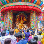 Kolkata, India - October 21, 2015: Beautiful interior of decorated Durga Puja pandal, at Kolkata, West Bengal, India. Durga Puja is biggest religious festival of Hinduism.